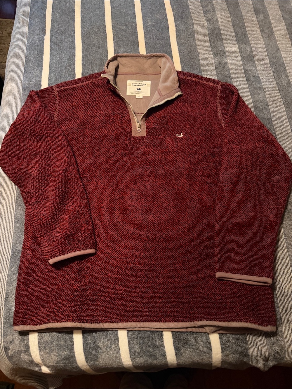 Southern Marsh Men's Quarter-Zip Sweater in Burgundy with Tan Trim